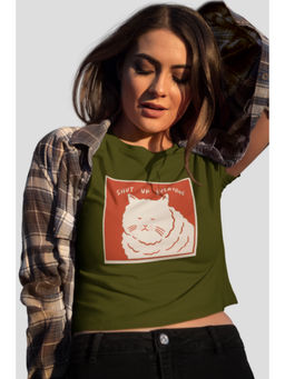 Botnia - Olive Crew Neck Cotton Printed Crop Top