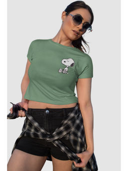 Botnia - Pastel Green Crew Neck Cotton Snoopy Printed Crop Top