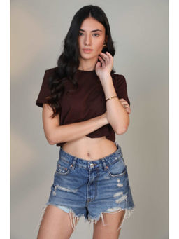 Botnia - Brown Crew Neck Cotton Crop Top