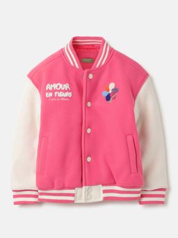 United Colors of Benetton - Pink Regular Fit Embroidered Varsity Felt Bomber Jacket