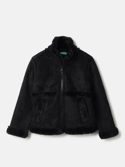 United Colors of Benetton - Black Regular Fit High Neck Solid Suede Bomber Jacket