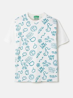 United Colors of Benetton - Off White Relaxed Fit Round Neck Printed T-shirt