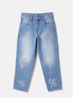 United Colors of Benetton - Blue Embroidered Mom Fit Poodle Denim Jeans