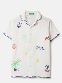 United Colors of Benetton - White Regular Fit Embroidered Cheesecloth Aloha Shirt