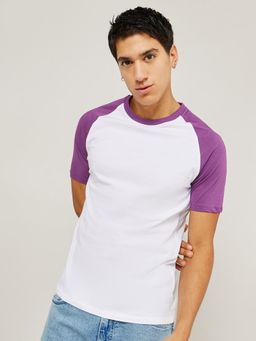 Styli - Purple Colorblocked Raglan Crew Neck T-Shirt