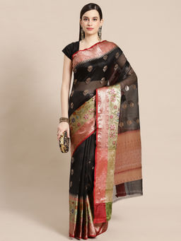 Banarasi Silk Works - Black Paithani Booti Skirt Border Saree with Unstitched Blouse