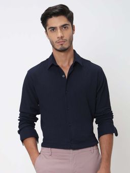 Mufti - Deep Midnight Navy Blue Textured Men Shirt
