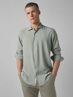 Mufti - Muted Sage Green Self Design Men Shirt