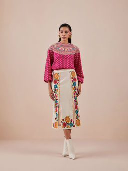 CHANDRIMA - Fuchsia Yoke Detail Printed Top