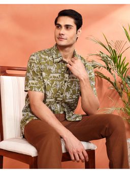 Fabindia - Olive Cotton Bagru Printed Bush Shirt