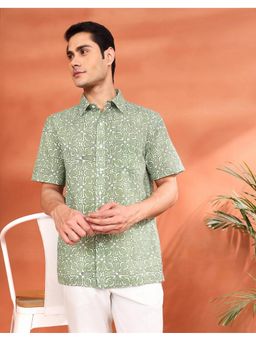 Fabindia - Green Cotton Hand Block Printed Bush Shirt