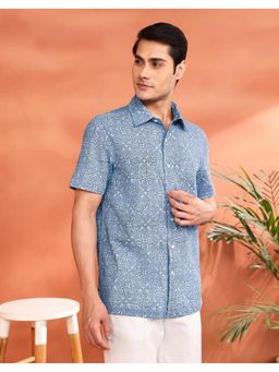 Fabindia - Blue Cotton Hand Block Printed Bush Shirt