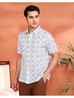 Fabindia - White Cotton Hand Block Printed Bush Shirt