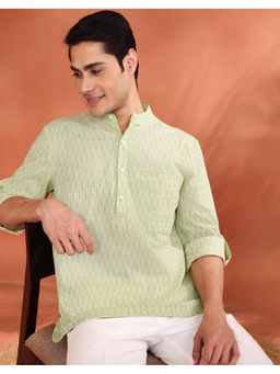 Fabindia - Green Cotton Hand Block Printed Slim Fit Mid Placket Shirt