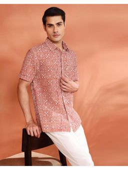 Fabindia - Orange Cotton Hand Block Printed Bush Shirt