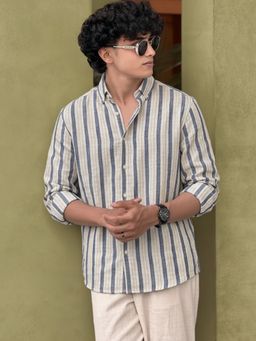 RIGO - Men Beige Striped Cotton Regular Fit Cut Away Collar Full Sleeve Shirt