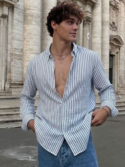 RIGO - Men Ink Blue Striped Cotton Regular Fit Button Down Collar Shirt