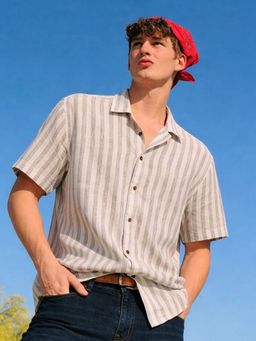 RIGO - Men Beige Striped Linen Cuban Collar Casual Half Sleeve Shirt
