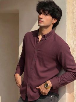 RIGO - Men Maroon Solid Cotton Button-Down Collar Full Sleeve Shirt