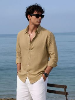 RIGO - Men Khaki Solid Cotton Button-Down Collar Full Sleeve Shirt