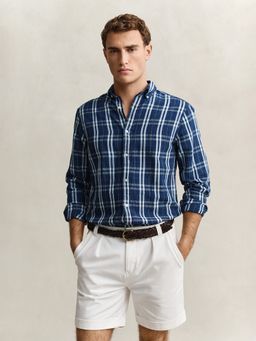 GANT - Men Navy Blue Check Linen Blend Shirt