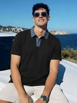 RIGO - Men Black Solid Regular Fit Denim Collar Detail Half sleeve Polo T-Shirt