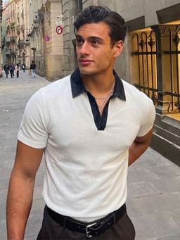 RIGO - Men White Solid Regular Fit Denim Collar Detail Half sleeve Polo T-Shirt