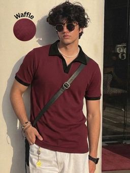 RIGO - Men Wine Self-Textured Waffle Contrast Collar Half Sleeve Polo T-Shirt