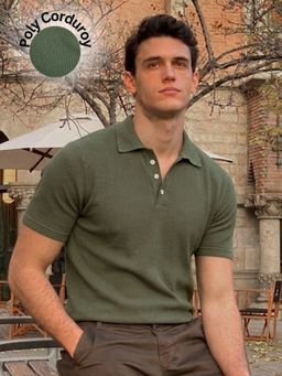 RIGO - Men Army Green Self-Textured Polycorduroy Cut Away Collar Half Sleeve Polo T-Shirt
