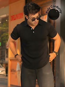 RIGO - Men Black Self-Textured Polycorduroy Cut Away Collar Half Sleeve Polo T-Shirt
