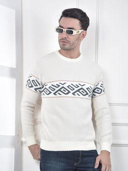 CRIMSOUNE CLUB - Men Cream Geometric Print Pullover Sweater
