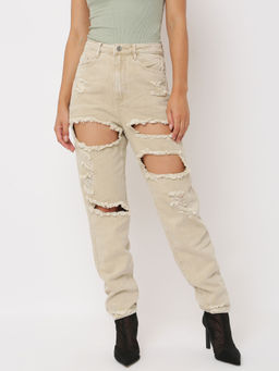 Missguided - Sand High Rise Extreme Ripped Rigid Mom Jeans