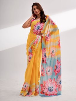 Modeva - Sunshine Bloom Yellow Floral Printed Ready To Wear Saree and Unstitched Blouse