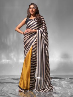 Modeva - Black- Yellow Half Printed Stripes Designer Ready To Wear Saree and Unstitched Blouse