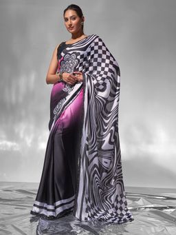 Modeva - Marvel Black-Pink Checks Printed Ready To Wear Saree and Unstitched Blouse