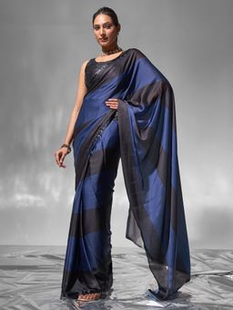 Modeva - Navy Blue- Black Colorblock Ready To Wear Saree and Unstitched Blouse