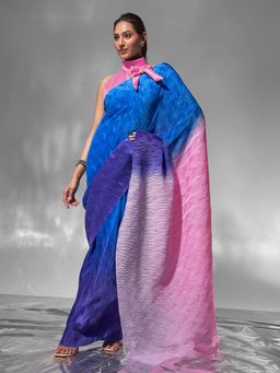 Modeva - Blue- Pink Ombre Ready To Wear Saree and Unstitched Blouse