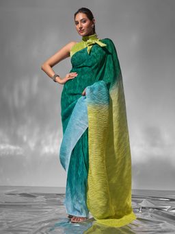 Modeva - Green Ombre Pleated Ready To Wear Saree and Unstitched Blouse