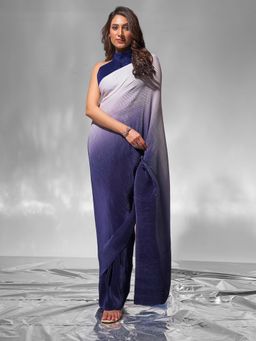 Modeva - Navy Blue Ombre Pleated Ready To Wear Saree and Unstitched Blouse