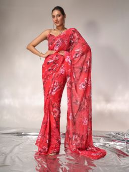 Modeva - Pink Blossom In Style Floral Printed Ready To Wear Saree and Unstitched Blouse