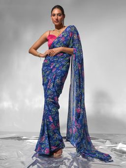 Modeva - Blue Blossom In Style Floral Satin Printed Ready To Wear Saree and Unstitched Blouse