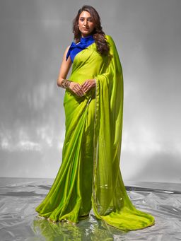 Modeva - Vivid Neon Green Solid Ready To Wear Saree and Unstitched Blouse