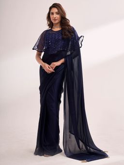 Modeva - Navy Blue Solid Saree with Cape Ready To Wear and Unstitched Blouse