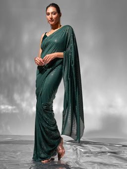 Modeva - Emerald Green Embellished Ready To Wear Saree and Unstitched Blouse