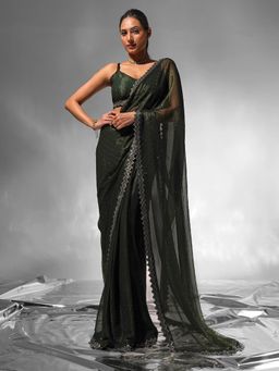 Modeva - Green Beads- Embellished Ready To Wear Saree and Unstitched Blouse
