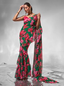 Modeva - Green Ruffle Floral Printed Ready To Wear Saree and Unstitched Blouse