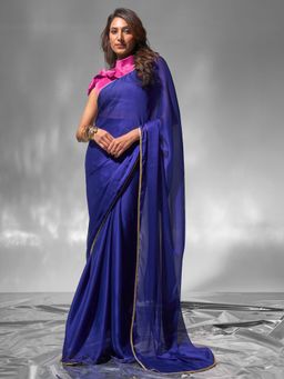 Modeva - Azure Blue Solid Ready To Wear Saree and Unstitched Blouse