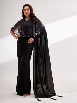 Modeva - Black Solid Saree with Cape Ready To Wear and Unstitched Blouse
