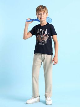 U.S. POLO ASSN. - Boys Navy Blue Cotton Printed Regular Fit T-shirt