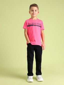 U.S. POLO ASSN. - Boys Pink Round Neck Cotton Printed T-shirt